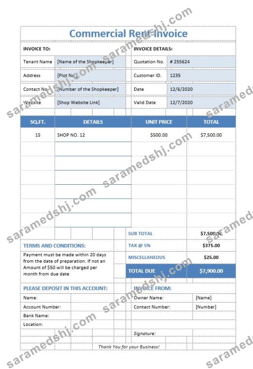 Commercial Rent Invoice Template